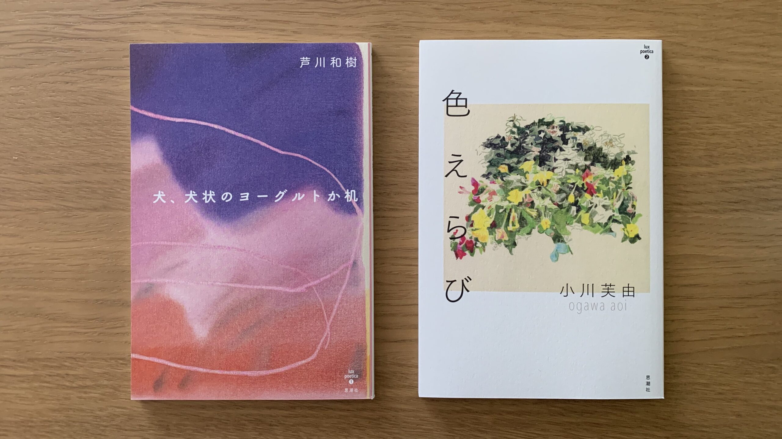 左『犬、犬状のヨーグルトか机』芦川和樹（lux poetica①　思潮社）
/ 右『色えらび』小川芙由（lux poetica②　思潮社）