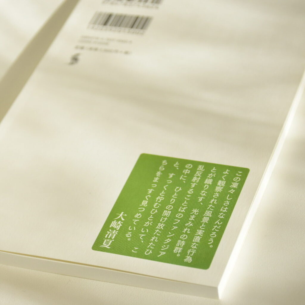 『色えらび』裏表紙 （推薦文） この凛々しさはなんだろう。 よく観察された風景と実直な行為とが織りなす、光まみれの詩群。乱反射する言葉のファンタジアの中に、ひとりの開け放たれたひと、すっくと佇むひとがいて、こちらをまっすぐ見つめている。 ーー大崎清夏